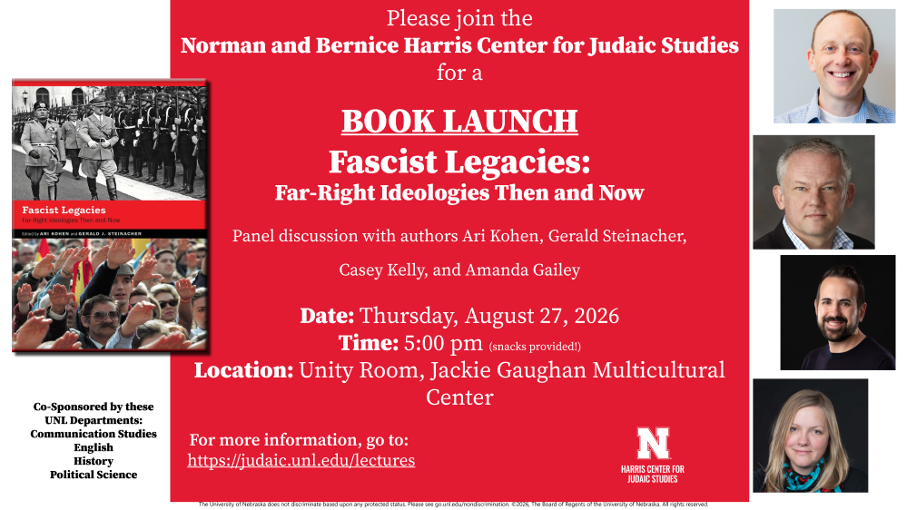 Book launch event flyer with text, author photos, red accents, and book cover images.